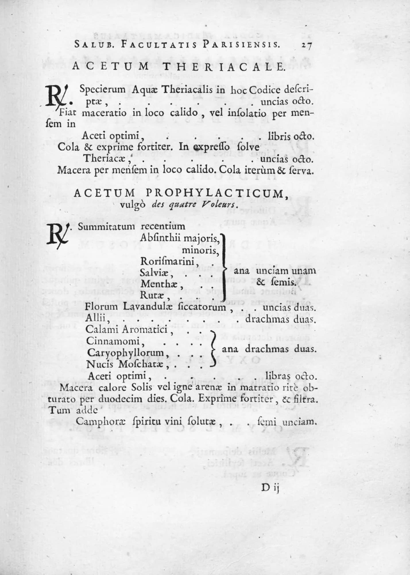 Page 27 of the 1748 Codex Medicamentarius of Paris, printing the recipe Acetum Prophylacticum